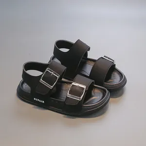 Kids open-toe black sandals with double buckles and non-slip soft soles for boys and girls