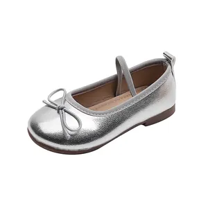 Silver metallic leather Mary Jane flats for girls with bow detail and elastic strap