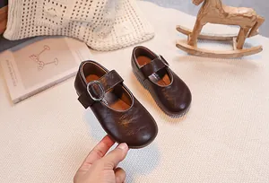 Detail of dark brown Mary Jane shoes with silver metal buckle on a woven mat