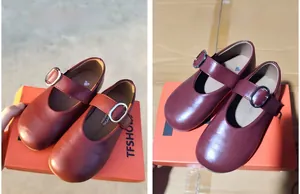 Detail of dark red Mary Jane shoes showing leather finish in warm and cool lighting