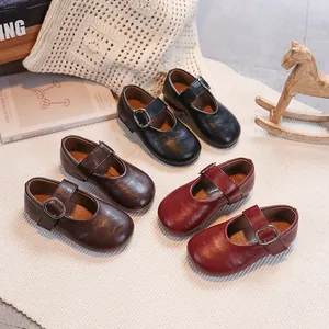 Girls' Mary Jane leather shoes in black, brown, and burgundy with adjustable buckles