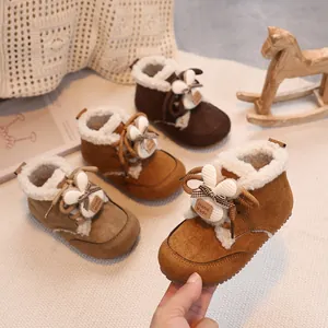 Toddler Kids Winter Snow Boots Faux Suede Fur Lined Warm Shoes With Rabbit Ears Plaid Bow Cute Outdoor Anti Slip Footwear