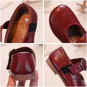 Classic burgundy Mary Jane shoes for girls with shiny finish and adjustable metal buckle