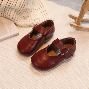 Classic burgundy Mary Jane shoes for girls with shiny leather finish and buckle strap