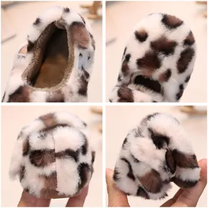 Kids plush leopard print shoes with thick faux fur lining and non-slip soles for winter