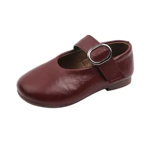 Classic deep burgundy Mary Jane leather shoes for girls with silver buckle strap