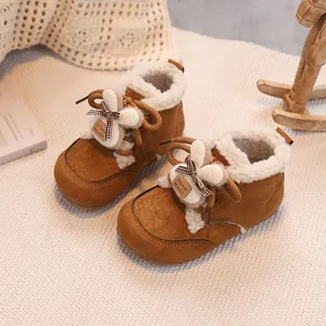 Cute bunny baby winter snow boots in caramel suede with warm faux fur and bow detail