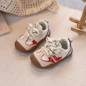 Toddler retro sport sneakers with non-slip rubber toe cap and soft leather upper