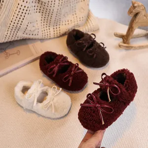 Girls Sherpa Plush Mary Jane Shoes With Double Bowknot Warm Fleece Lined Toddler Kids Anti-Slip Rubber Sole Cotton Shoes