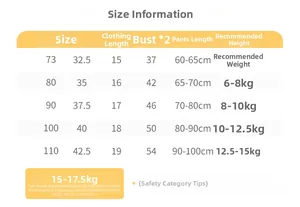 Detailed size chart for baby cotton set showing height and weight for sizes 73 to 110