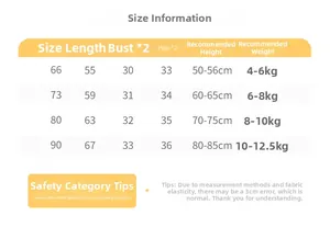 Guide des tailles pour barboteuse bébé avec mesures de longueur et poitrine de 66 à 90 cm