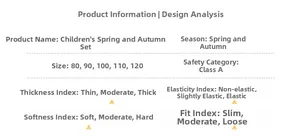 Size chart and fabric details for boys spring 2-piece set featuring Class A quality info
