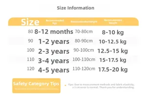 Size chart for boys' baseball suit, covering sizes 80-120 for ages 8 months to 5 years