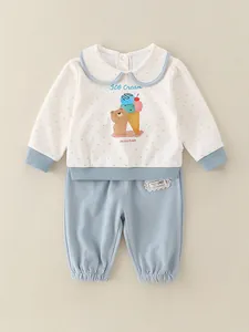 Girls Toddler Spring Autumn Two Piece Set Soft Cotton Polka Dot Peter Pan Collar Bear Ice Cream Print Top And Pants Cute Clothing