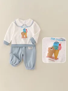 Polka dot baby girl set with blue Peter Pan collar and bear print for 15-25 degrees