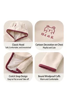 Barboteuse à capuche pour bébé avec broderie ours et boutons-pression