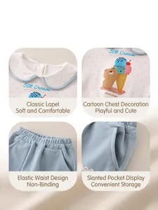 Cute blue polka dot cotton baby girls clothing set with Peter Pan collar and bear print