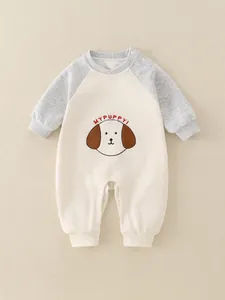 Pagliaccetto neonato con ricamo cucciolo, maniche grigie e morbido tessuto di cotone