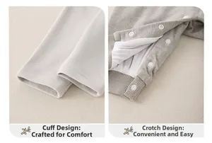Detail view of baby romper featuring ribbed cotton cuffs and convenient crotch snap buttons