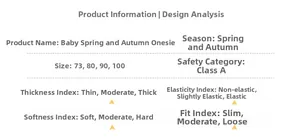 Size chart and fabric details for A-grade pure cotton baby spring jumpsuit with soft stretch