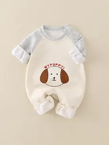 Pagliaccetto neonato con simpatico cane, maniche raglan grigie e bottoni a pressione