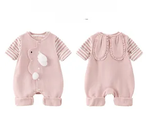Detailed front and back views of a pink cotton baby romper with cute 3D bunny ears
