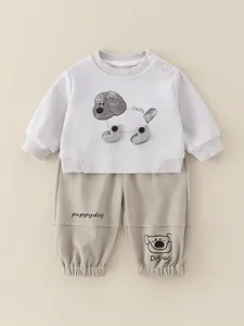 Baby-Jungen Freizeit-Set mit Langarmshirt, niedlicher Hunde-Stickerei und Jogginghose