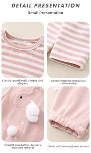 Detail of pink cotton baby set showing round collar, snaps and ribbed cuffs