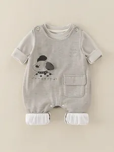Baby Boys Korean Style Two Piece Set Cartoon Dog Print Grey Long Sleeve Top And Suspender Overalls Infant Fall Outfit