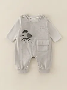 Infant fall outfit set with grey long sleeve shirt and cartoon dog suspender pants