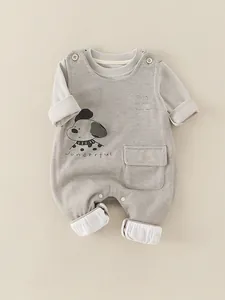 Infant autumn cotton two-piece set featuring a cartoon dog overall and cream long sleeve top