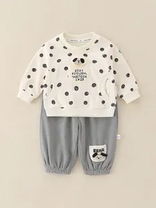Completo Neonato Maschio Felpa a Pois e Pantaloni Cartone Animato Manica Lunga Misto Cotone Abbigliamento Primavera Autunno