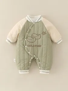 Baby Jongen Winter Gewatteerde Kruippakje Warm Dinosaurus Borduurwerk Lange Mouw Jumpsuit Kleinkind Contrast Kleur Bovenkleding Kleding