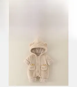 Flat lay of baby bear hooded romper in soft cream fleece with cute ear details