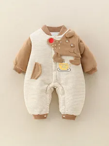 Barboteuse à Manches Longues pour Bébé Garçon Rayée Chien de Dessin Animé Combinaison en Polyester Épaissie pour Vêtements de Nouveau-Né