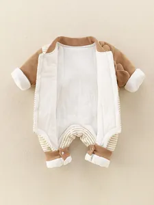 Barboteuse bébé motif chien avec col côtelé marron et doublure blanche douce et chaude