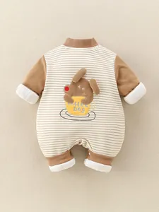 Barboteuse rayée pour bébé garçon avec broderie chiot mignonne et manches marron contrastées