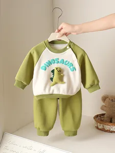 Infant Toddler Boys Casual Korean Outfit Cartoon Dinosaur Applique Long Sleeve Sweatshirt Cuffed Pants Warm Fleece Lined Autumn Winter Apparel