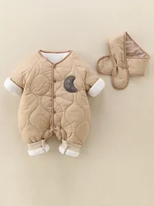 Quilted khaki baby romper with scarf featuring moon star pattern for winter warmth