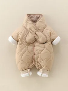 Quilted khaki infant winter jumpsuit with warm cotton padding and scarf accessory