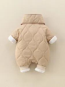 Quilted warm baby romper with ribbed cuffs and stand collar in beige for winter