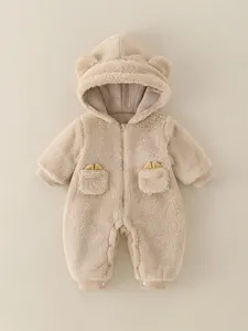 Infant Baby Boy Bear Ear Hooded Bodysuit Winter Thick Fleece Romper Long Sleeve Zipper Jumpsuit Soft Warm Clothes 0-24 Months
