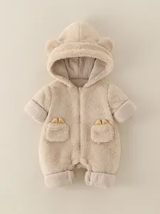 Cute beige bear-ear hooded romper for baby boys with soft fleece and rib cuffs
