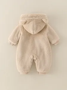Plush beige baby hooded romper with cute animal ears shown from a full back view perspective