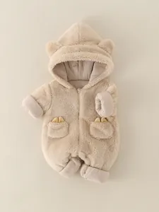 Cute beige bear-ear hooded fleece baby romper with zipper closure and soft plush texture