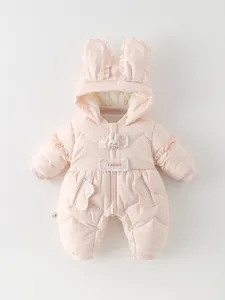 Baby Hooded Snowsuit Quilted White Duck Down Romper With Rabbit Ears Ruffles Winter Warm Infant Padded Jumpsuit