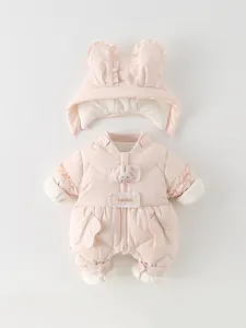 Pink hooded baby down romper with cute rabbit ears and embroidery for winter warmth