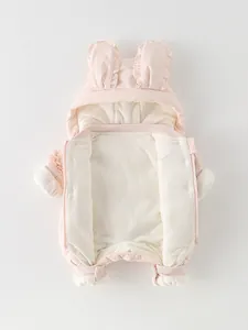 Pink infant down romper with cute rabbit ears hood and warm fleece lining