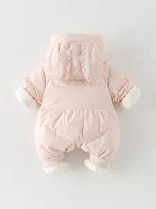 Pink infant hooded snowsuit with cute rabbit ears and warm white plush trim details