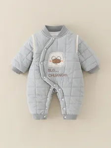 Baby Boy Autumn Winter Padded Quilted Romper Cartoon Bear Embroidered Long Sleeve Jumpsuit Warm Fleece Infant Crawler Outfit